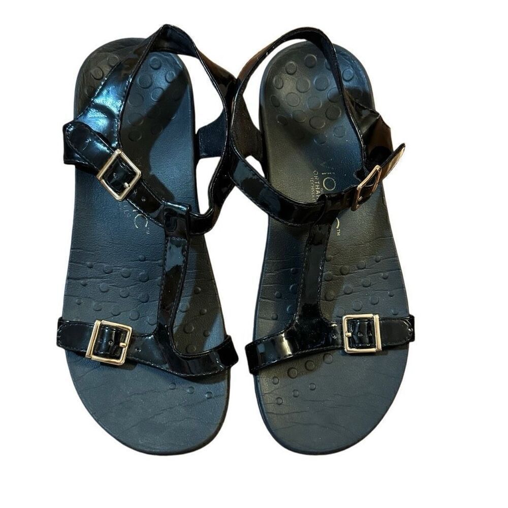 Vionic Adriane Sandal Black Patent Adjustable Straps Size 8 Women’s